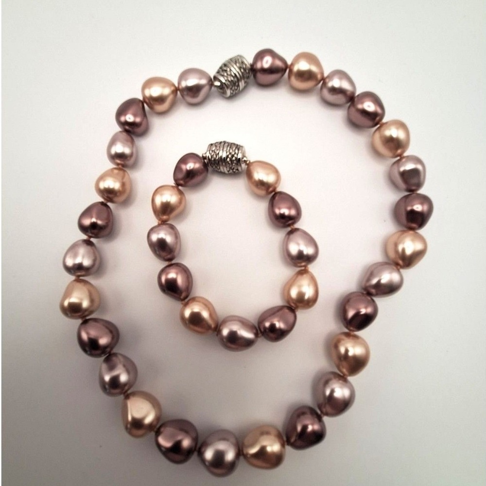 Pink Faux baroque pearl necklace bracelet set beaded magnetic clasp 16 24 inches